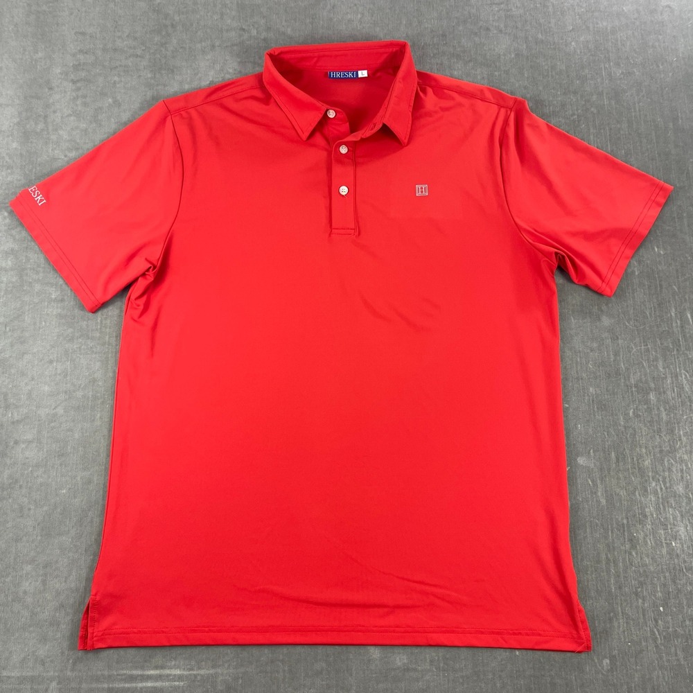 Hreski Mens Large Red Polo Shirt Performance Golf Short Sleeve Logo